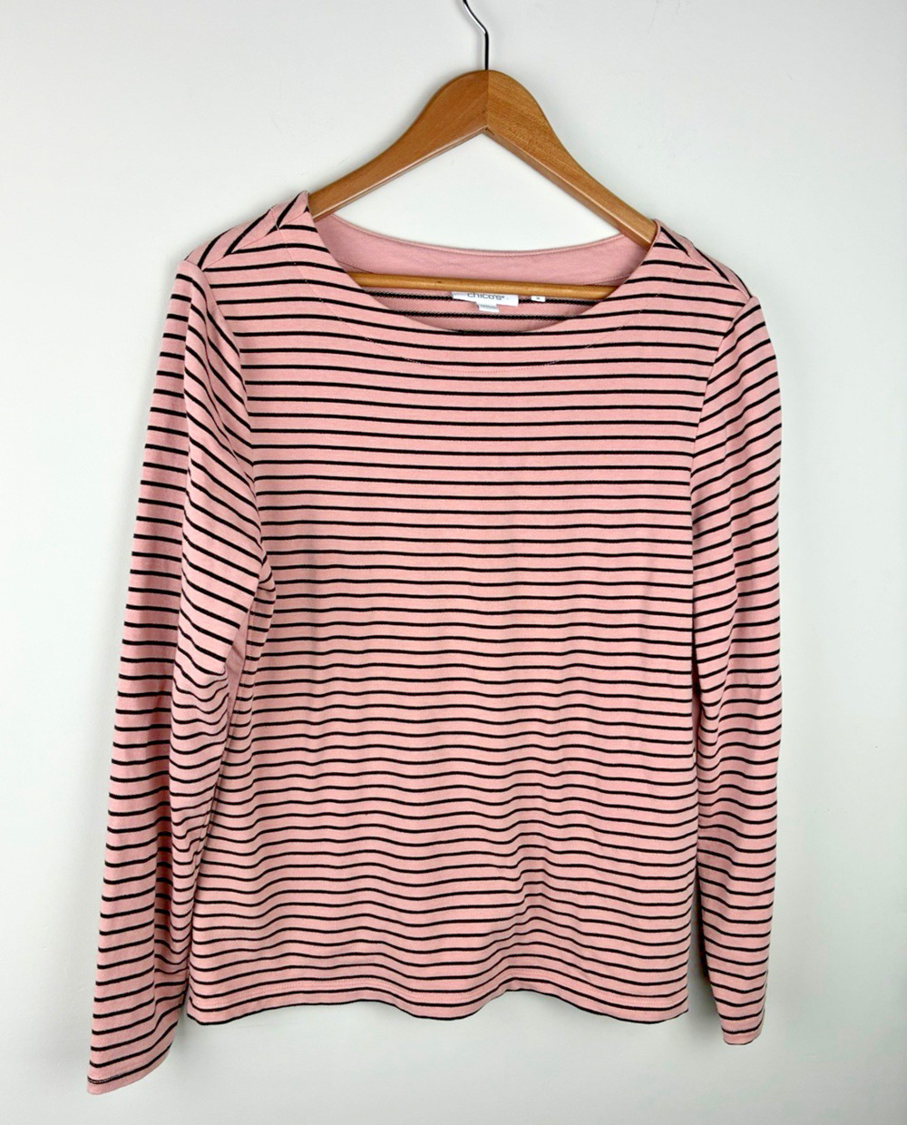 Chico’s Size 1 M Pink Black Stripe Cotton Modal Top Preppy Coastal Fall Parisian